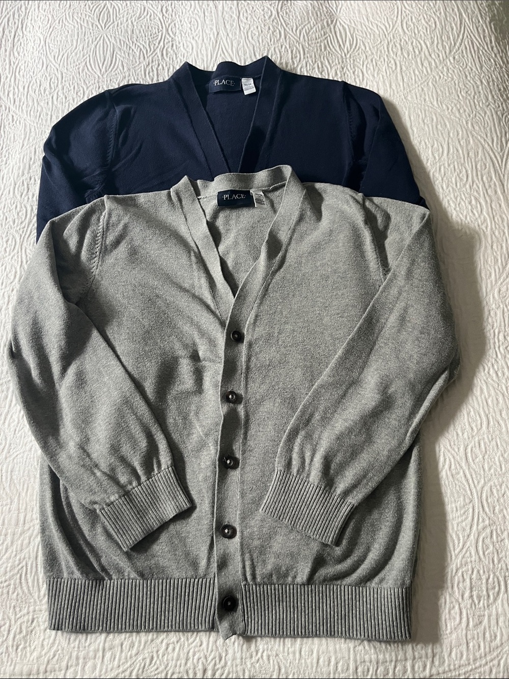 Children’s Place Grey & Navy Blue Cotton Cardigan Sweaters, Size 10/12 Large